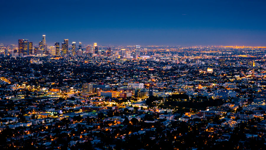 City skyline at dusk